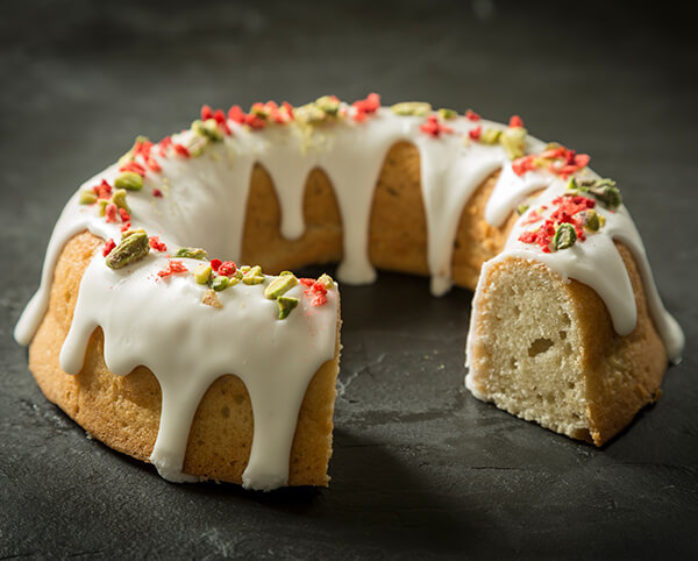 Vegan Rhubarb & Pistachio Bundt Cake using Macphie Vegan Cake Mix